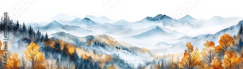 A serene autumn landscape featuring misty mountains and vibrant fall foliage, capturing the essence of nature's beauty in watercolor style.