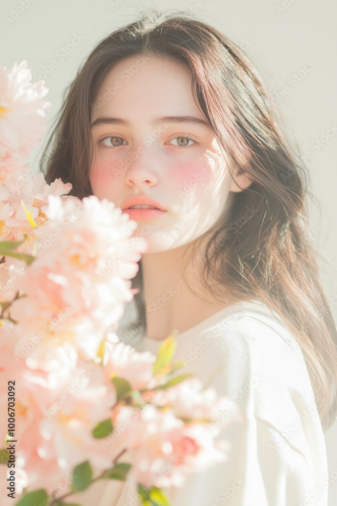 Soft Portrait of a Woman with Pink Flowers and Delicate Expression
