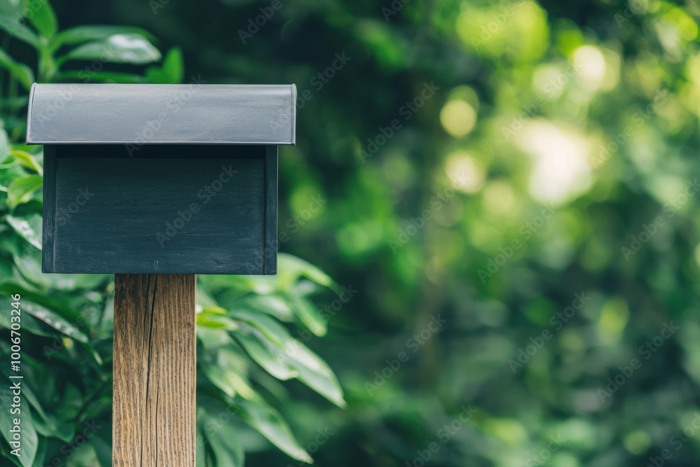 A sleek black mailbox stands on a wooden post amidst lush greenery, symbolizing home and communication in a serene outdoor setting. A sleek black mailbox stands on a wooden post amidst lush greenery, symbolizing home and communication in a serene outdoor setting.