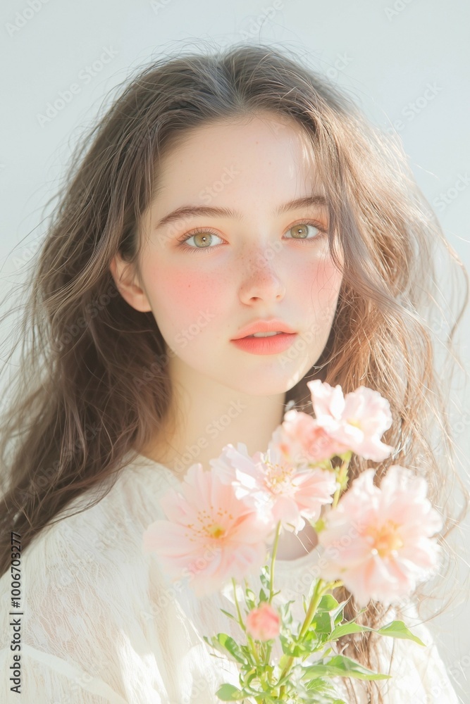 Soft Portrait of a Woman with Pink Flowers and Delicate Expression Soft Portrait of a Woman with Pink Flowers and Delicate Expression