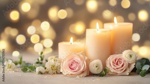 Burning candles with beautiful flowers on beige table against blurred lights. Divaly celebration