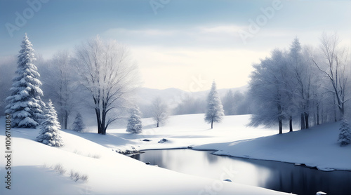 Wallpaper Mural winter landscape with snow-covered trees near the river in sunny weather Torontodigital.ca