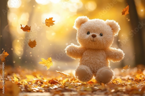 A cute teddy bear surrounded by autumn leaves in a tranquil forest setting, evoking warmth and nostalgia during the fall season.