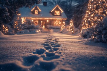 Footprints leading to a warm festive home in winter