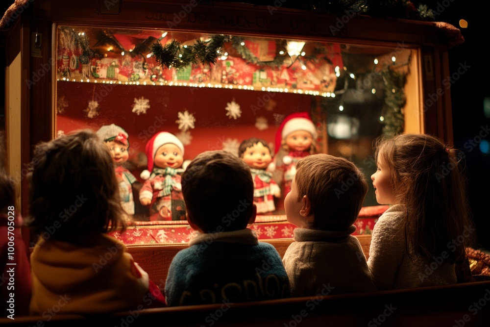 Children watching christmas nativity scene puppets show Children watching christmas nativity scene puppets show