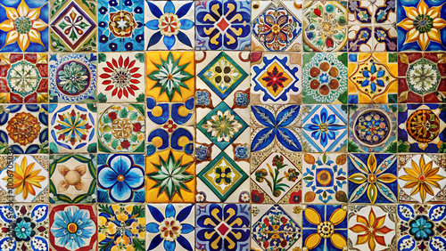 Colorful decorative tiles background with intricate patterns in blue, yellow and green tones