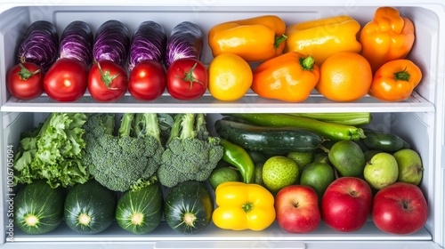 Fototapeta Naklejka Na Ścianę i Meble -  Assorted fresh vegetables and fruits in a fridge drawer, promoting the idea of health and nutrition in daily meals.