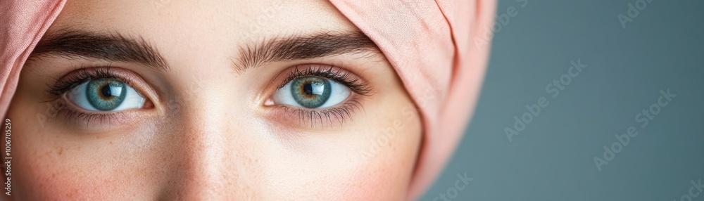 Obraz premium Close-up of a young woman wearing a pink headscarf, showcasing her striking blue eyes and natural beauty against a soft background.