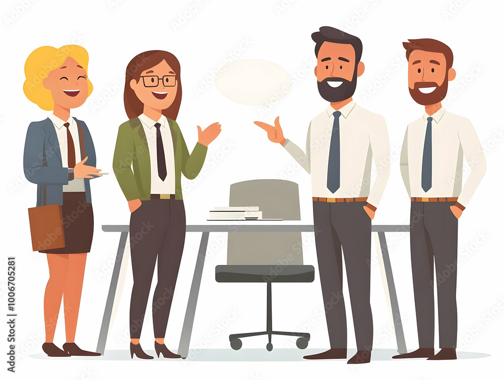 Flat Vector Illustration of a Businessman Sharing a Joke with Coworkers in a Relaxed Meeting Break - Candid Expressions and Positive Workplace Vibes Flat Vector Illustration of a Businessman Sharing a Joke with Coworkers in a Relaxed Meeting Break - Candid Expressions and Positive Workplace Vibes
