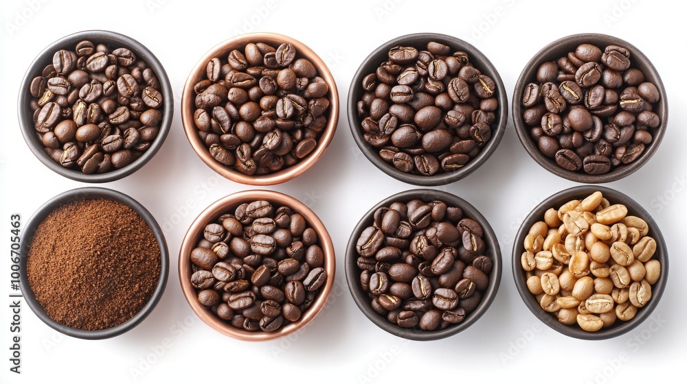 Colección de granos de café y café molido de diferentes tipos, presentados en tazas. La variedad de tostados y colores muestra la calidad del café. Colección de granos de café y café molido de diferentes tipos, presentados en tazas. La variedad de tostados y colores muestra la calidad del café.