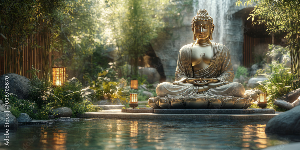 gold buddha meditating in yoga zen green bamboo garden surrounding with tiny indian traditional lamps near natural pool gold buddha meditating in yoga zen green bamboo garden surrounding with tiny indian traditional lamps near natural pool