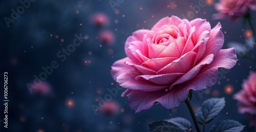 Pink rose on dark blue background, close-up, pink bokeh. Digital creativity.