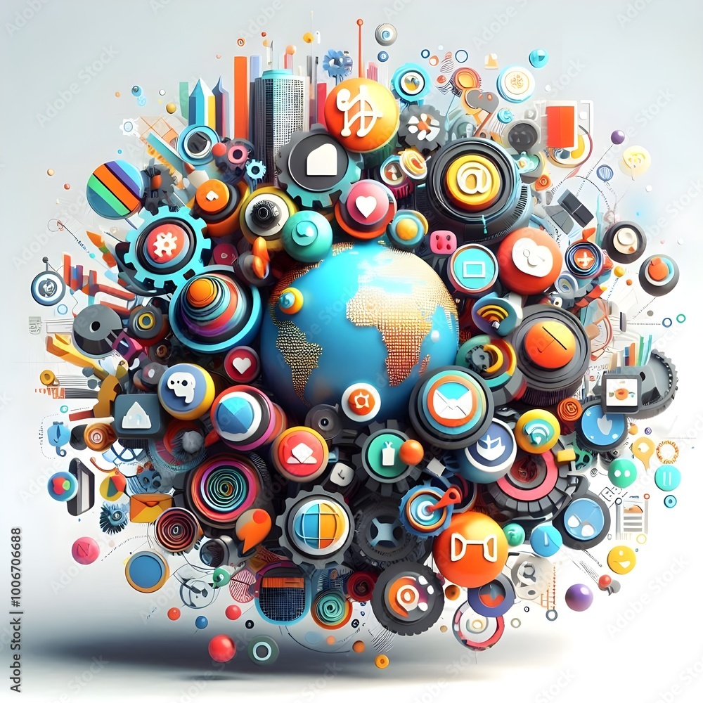 abstract modern trendy colorful social media and technology icons. 3d rendering abstract modern trendy colorful social media and technology icons. 3d rendering