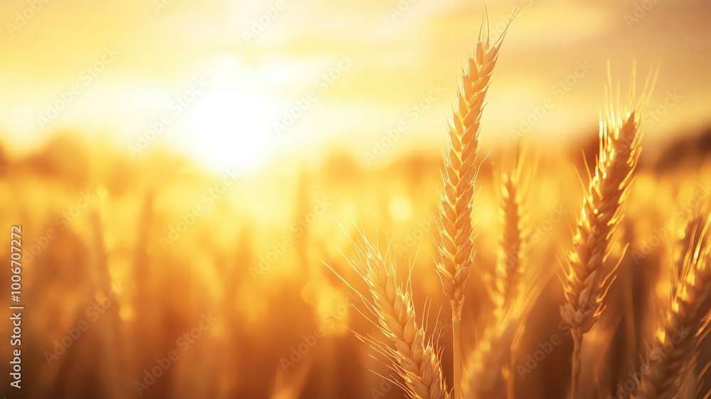 Golden wheat stalks stand tall in a field at sunset. Golden wheat stalks stand tall in a field at sunset.