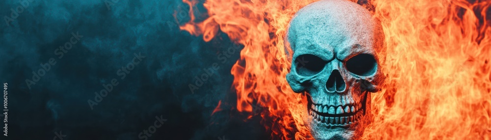 A striking skull surrounded by vibrant flames, symbolizing fierce power and the dance of life and death in a dramatic visual contrast. A striking skull surrounded by vibrant flames, symbolizing fierce power and the dance of life and death in a dramatic visual contrast.