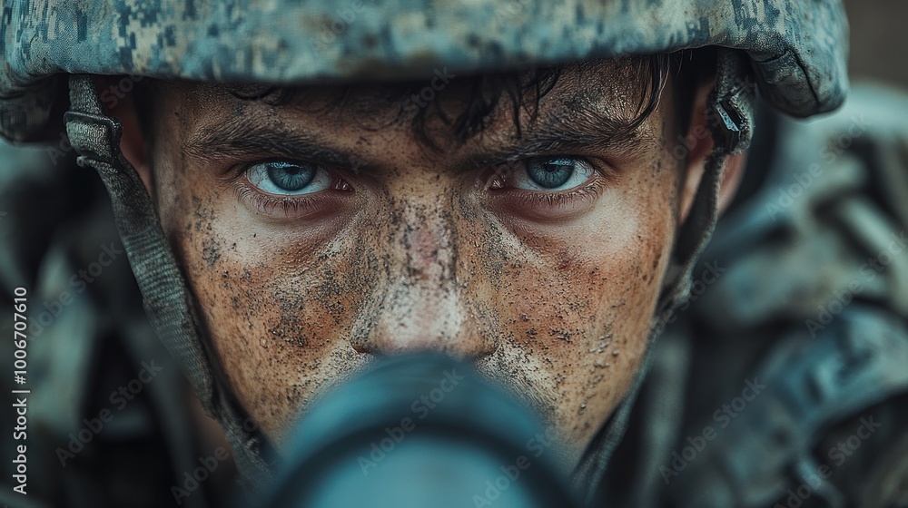 Close-up of a soldier's determined gaze, showcasing resilience. Close-up of a soldier's determined gaze, showcasing resilience.