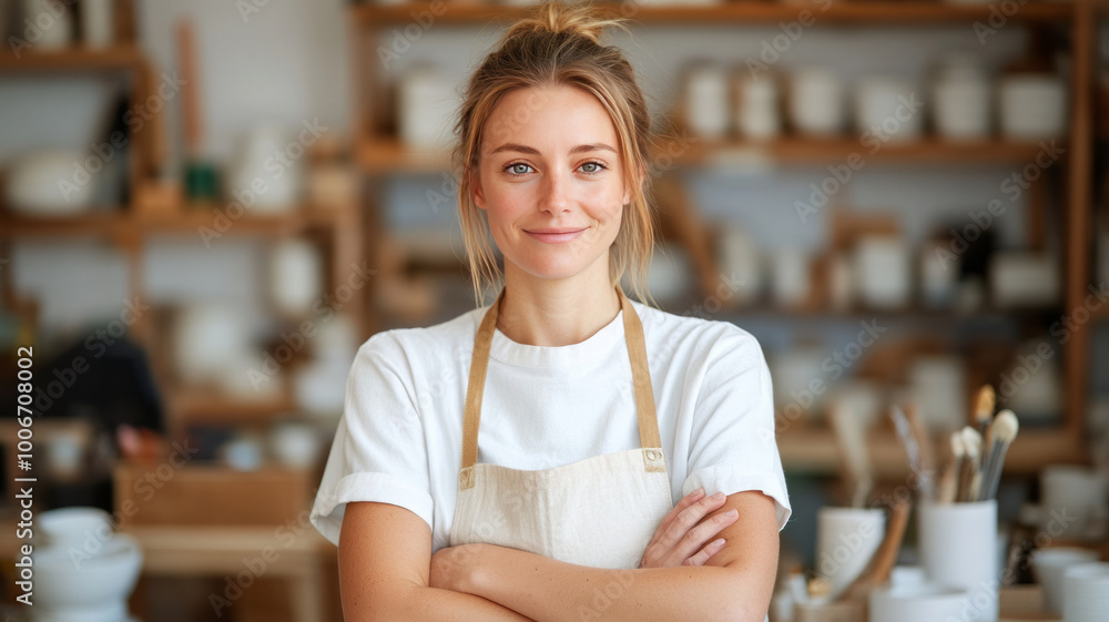 beautiful woman small business owner, standing in her cute ceramics studio, with arms crossed, beautiful woman small business owner, standing in her cute ceramics studio, with arms crossed,