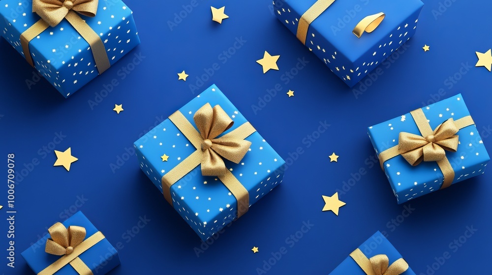 Generative AI Illustration of Elegant Blue Gifts with Golden Bows on a Starry Blue Background Generative AI Illustration of Elegant Blue Gifts with Golden Bows on a Starry Blue Background