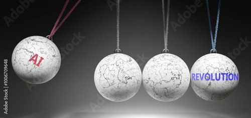 Ai and Revolution - cause and effect relationship. A Newton cradle metaphor showing how ai results in revolution. It initiates revolution. ,3d illustration