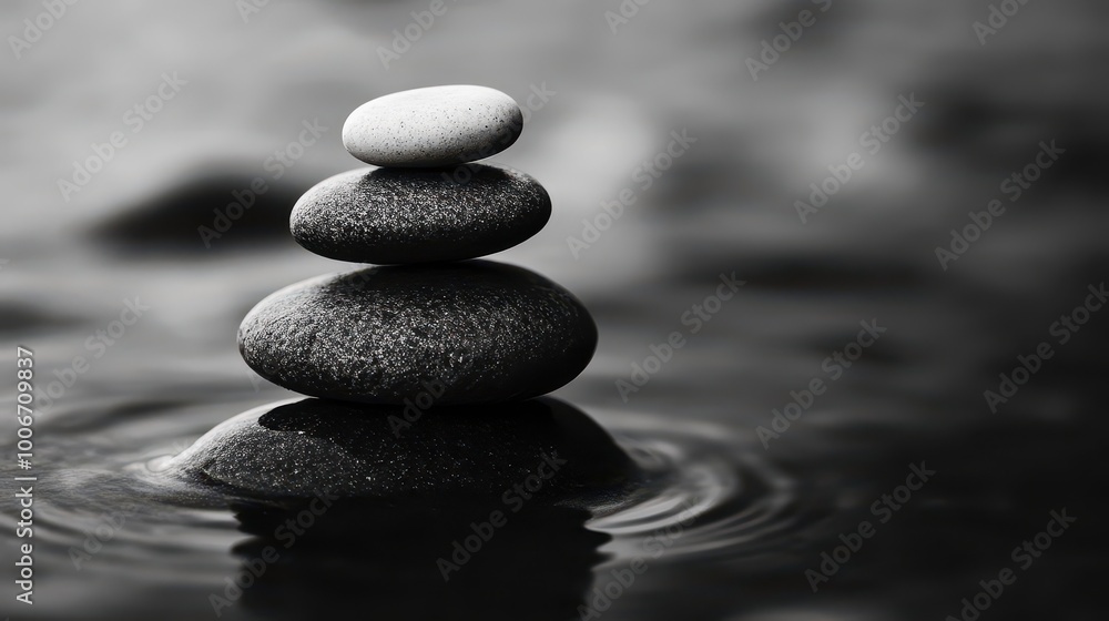 Balancing stones on water surface, serene and calming atmosphere, black and white photography style. Balancing stones on water surface, serene and calming atmosphere, black and white photography style.