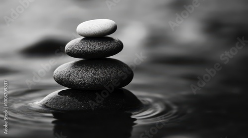 Balancing stones on water surface, serene and calming atmosphere, black and white photography style.