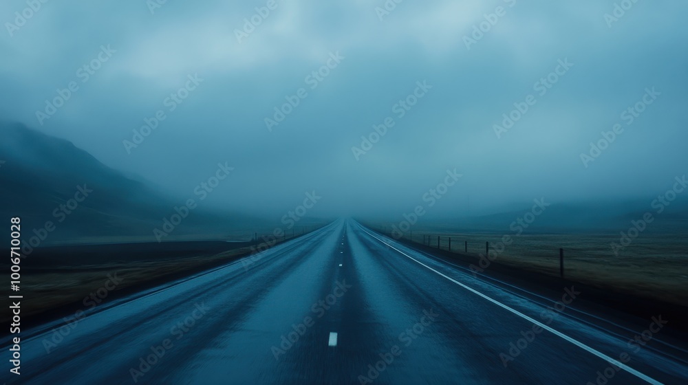 Fototapeta premium A long, empty highway stretches into the distance, shrouded in thick fog with a dramatic, moody atmosphere