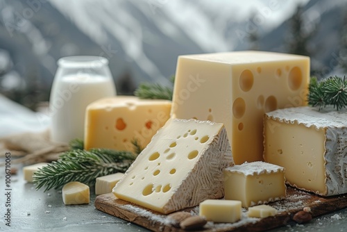 Delicious dairy display assorted cheeses and fresh milk on a scenic green meadow with mountains