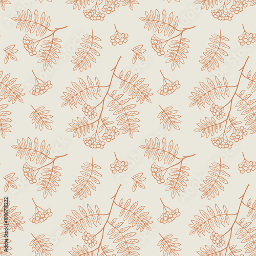 Fall seamless pattern with rowan berries and leaves. Graphic background with autumn branch. Hand drawn doodle illustration and line art wallpaper design.