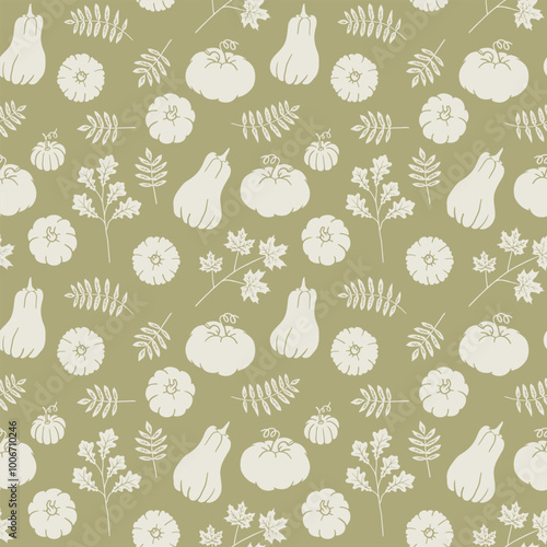 Thanksgiving seamless pattern with pumpkins and leaves. Fall wallpaper art. Graphic background with autumn elements. Hand drawn Harvest illustration.