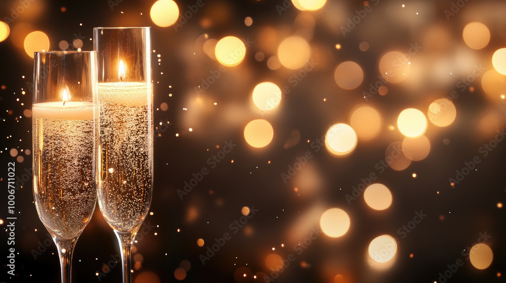 Elegant celebration scene featuring a shimmering miracle candle alongside a glass of champagne, exuding a festive and joyful atmosphere. Elegant celebration scene featuring a shimmering miracle candle alongside a glass of champagne, exuding a festive and joyful atmosphere.