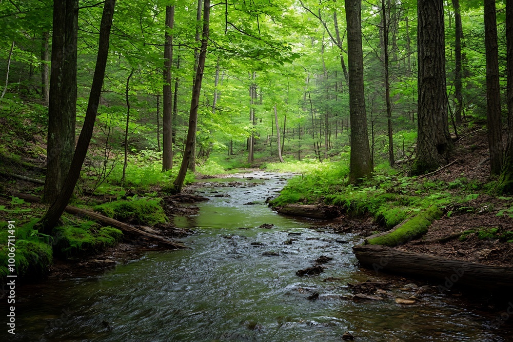 Obraz premium Tranquil stream flowing through lush green forest, peaceful nature scene