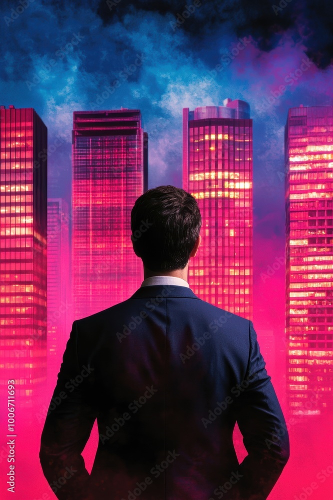 A businessman stands in front of illuminated skyscrapers, showcasing a vibrant cityscape at dusk with dramatic colors and urban energy. A businessman stands in front of illuminated skyscrapers, showcasing a vibrant cityscape at dusk with dramatic colors and urban energy.