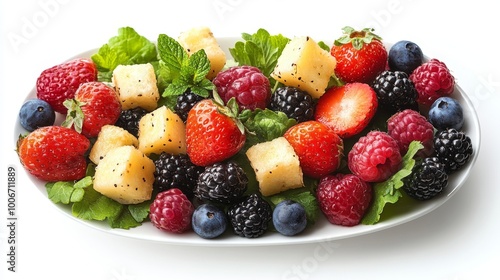 Plato de ensalada de frutas frescas, incluyendo fresas, frambuesas, moras y arándanos, acompañado de hojas de menta. Una opción dulce y refrescante.