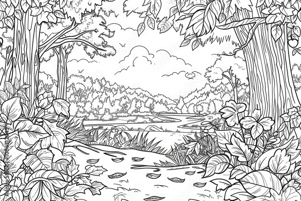 Obraz premium Coloring book illustration of a serene autumn landscape with vibrant foliage and tranquil scenery