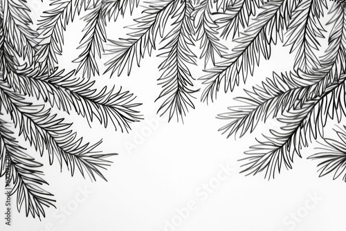 Coloring book illustration of a serene backdrop featuring lush pine branches