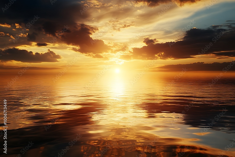 Golden Sunset over Calm Ocean Water with Dramatic Clouds Golden Sunset over Calm Ocean Water with Dramatic Clouds
