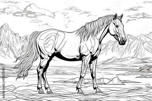 Coloring book illustration of a wild horse beneath majestic mountains photo