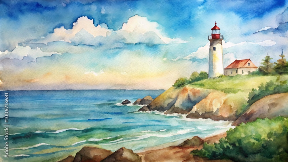 Coastal landscape featuring a lighthouse overlooking the sea with waves and bright clouds in watercolor style Coastal landscape featuring a lighthouse overlooking the sea with waves and bright clouds in watercolor style