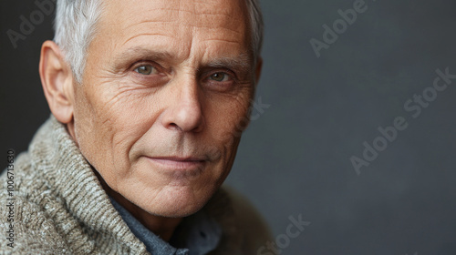 A close-up headshot of a mature man with a neutral expression, set against a soft gray backdrop