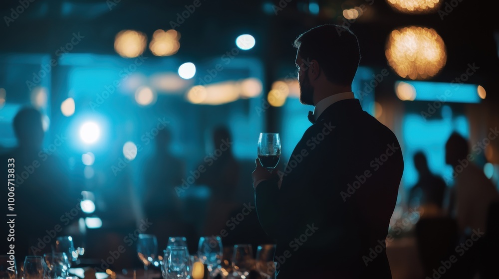 Elegant man holding wine glass enjoying party in nightclub Elegant man holding wine glass enjoying party in nightclub