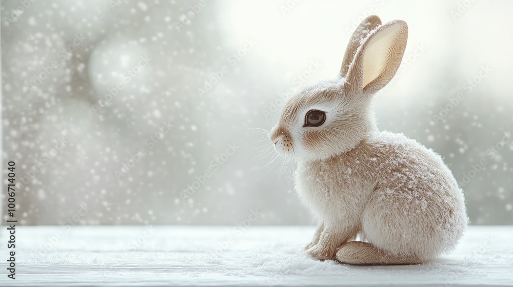 Obraz premium Toy rabbit placed on a white wood surface, surrounded by a wintery ambiance. Blank area for custom text or branding.