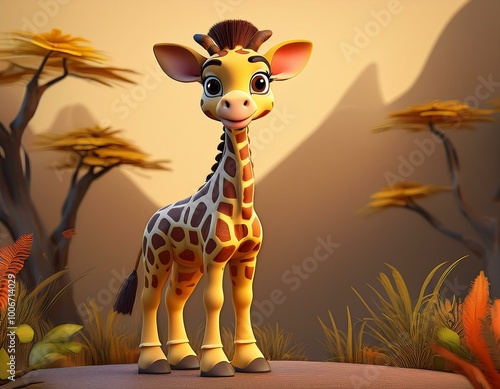 Cute Cartoon Giraffe Character on an African Plain  photo