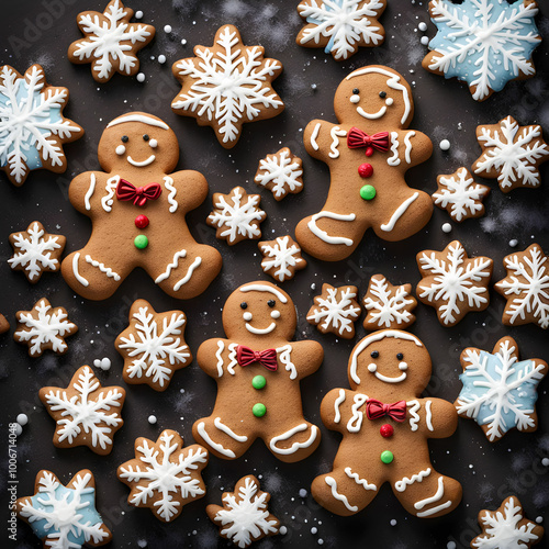 gingerbread man and christmas cookies: Smiling Gingerbread Man Cookie in a Snowy Winter Wonderland with Sparkling Snowflakes – Festive Christmas Dessert for Holiday Celebrations and Seasonal Baking Fu