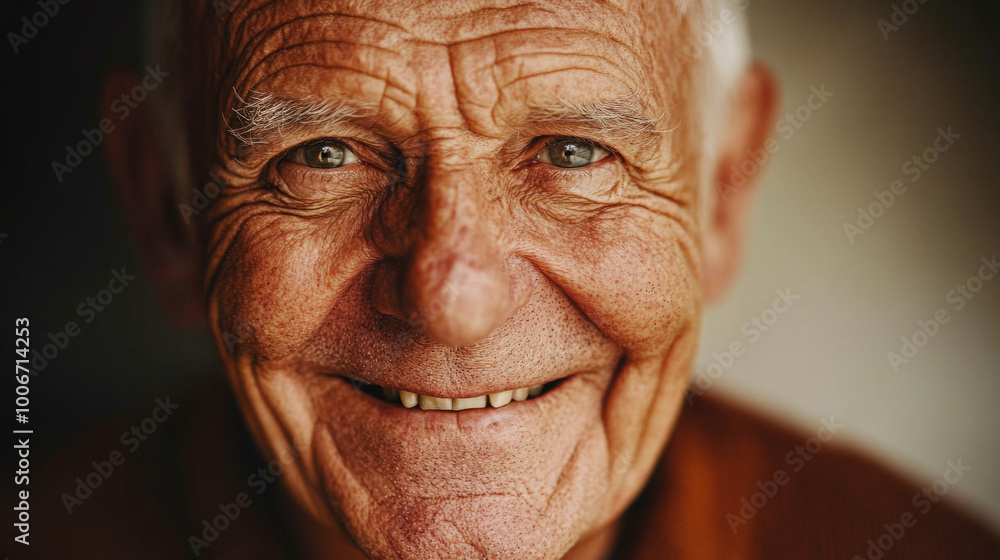 A close-up shot of an elderly man smiling with happiness, showing deep wrinkles and a warm expression A close-up shot of an elderly man smiling with happiness, showing deep wrinkles and a warm expression