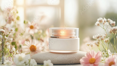 Elegant skincare jar surrounded by blooming flowers