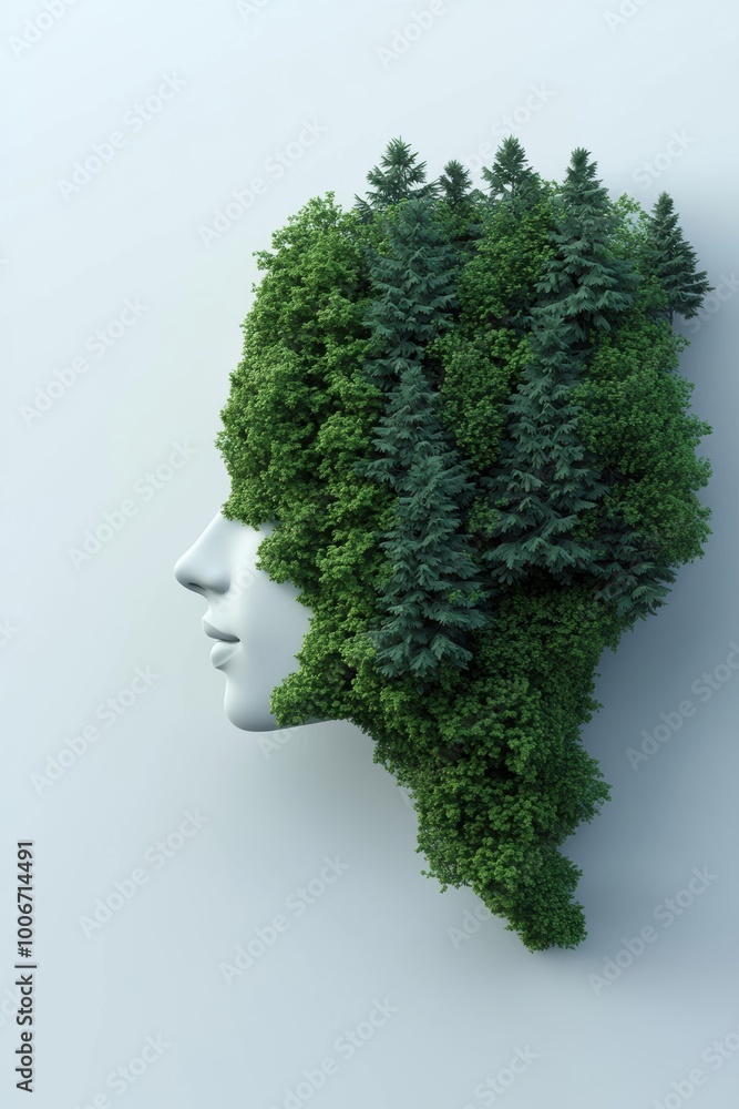 A creative representation of nature merging with human form, featuring a face made of lush green trees and vibrant foliage. Eco-friendly concept. A creative representation of nature merging with human form, featuring a face made of lush green trees and vibrant foliage. Eco-friendly concept.
