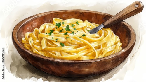 Plato de fettuccine en una salsa cremosa, servido en un bol de madera y decorado con perejil fresco. Un plato reconfortante ideal para los amantes de la pasta italiana. photo