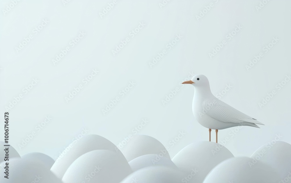 Obraz premium A minimalistic illustration of a white bird standing on white eggs against a soft, light background, evoking a sense of calm and serenity.