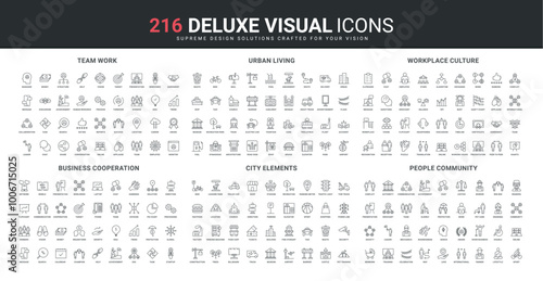 Business partnership, support and cooperation in team, city elements for comfort life and security line icon set. Urban and office culture, infrastructure thin black outline symbol vector illustration