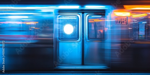 A blurred motion shot of a subway train door with neon lights. photo